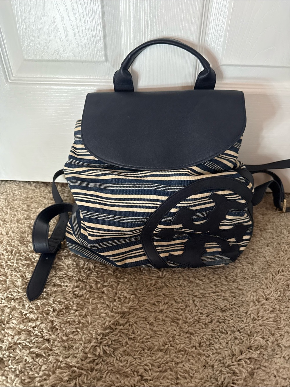Tory Burch Striped Navy and Cream Canvas Backpack Tote